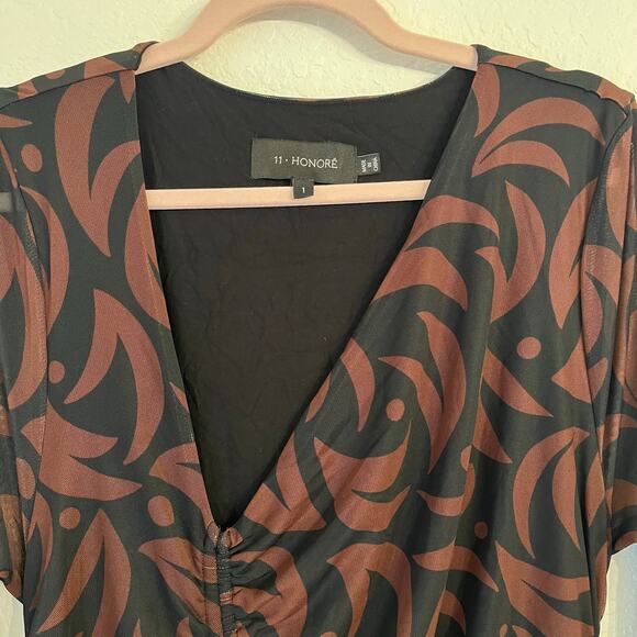 11 Honoré Ruched Midi Dress 1X Mesh Abstract Zebra Animal Print Wedding Cocktail - Picture 6 of 12